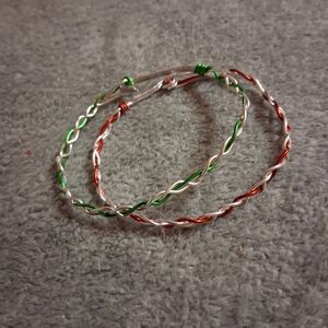 Handmade Twisted Silver, Red, and Green Wire Bangles